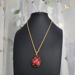 Egg Pendant Red & Gold Enameled Trellis  With Crystals On Gold-tone Rope Chain